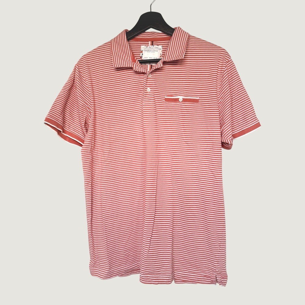 Denim & Flower Ricky Singh Mens Medium Salmon Pink Striped Polo Shirt Pocket